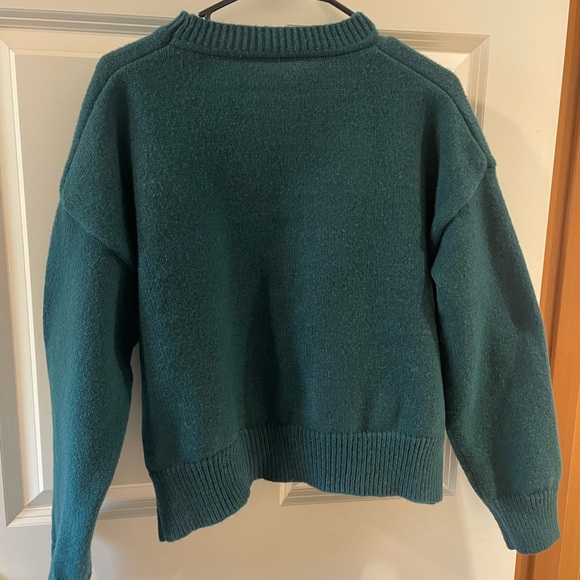 Women's Cozy Crewneck Cardigan Sweater with Floral Pin - Teal - Picture 2 of 4